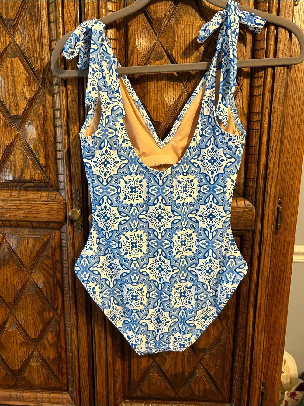 J. Crew Blue & White Tile-Print One-Piece Swimwear with Tie Straps